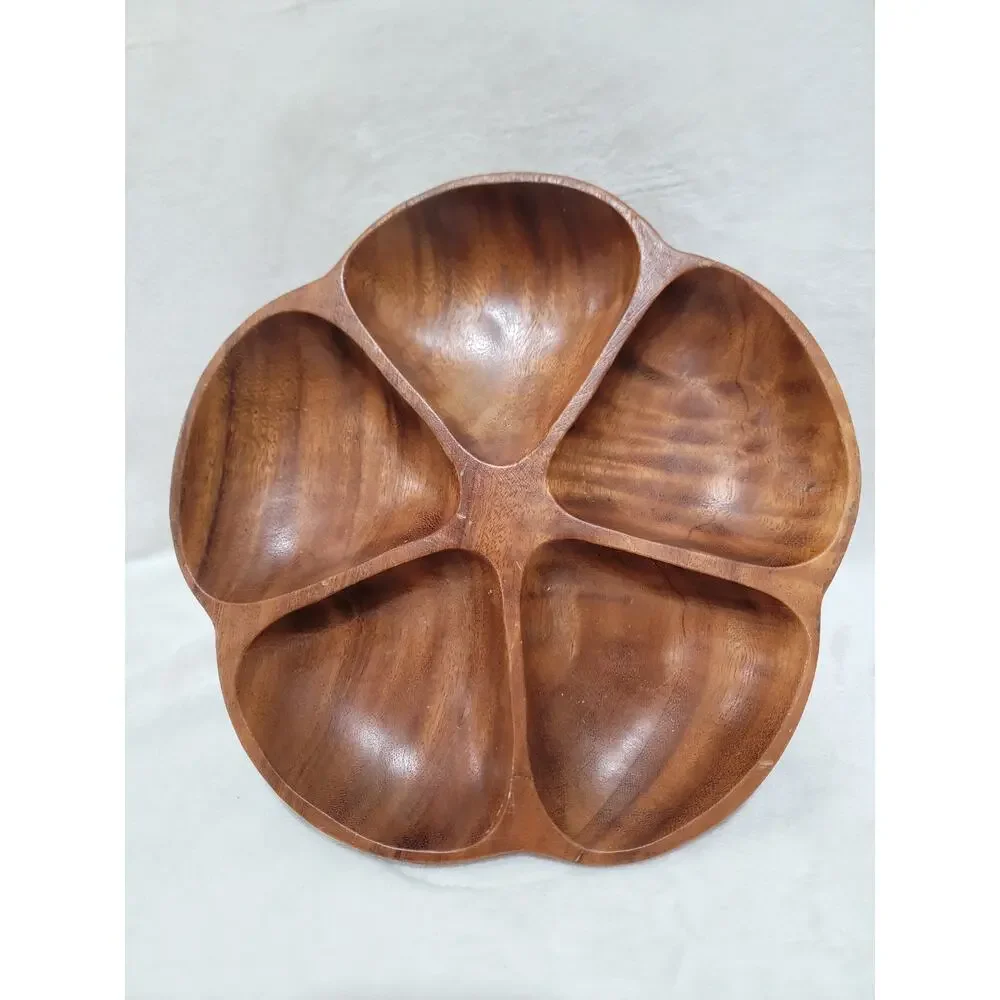 Vintage Monkey Pod Wood Lazy Susan Turntable Flower Shape Pedestal Divided Dish